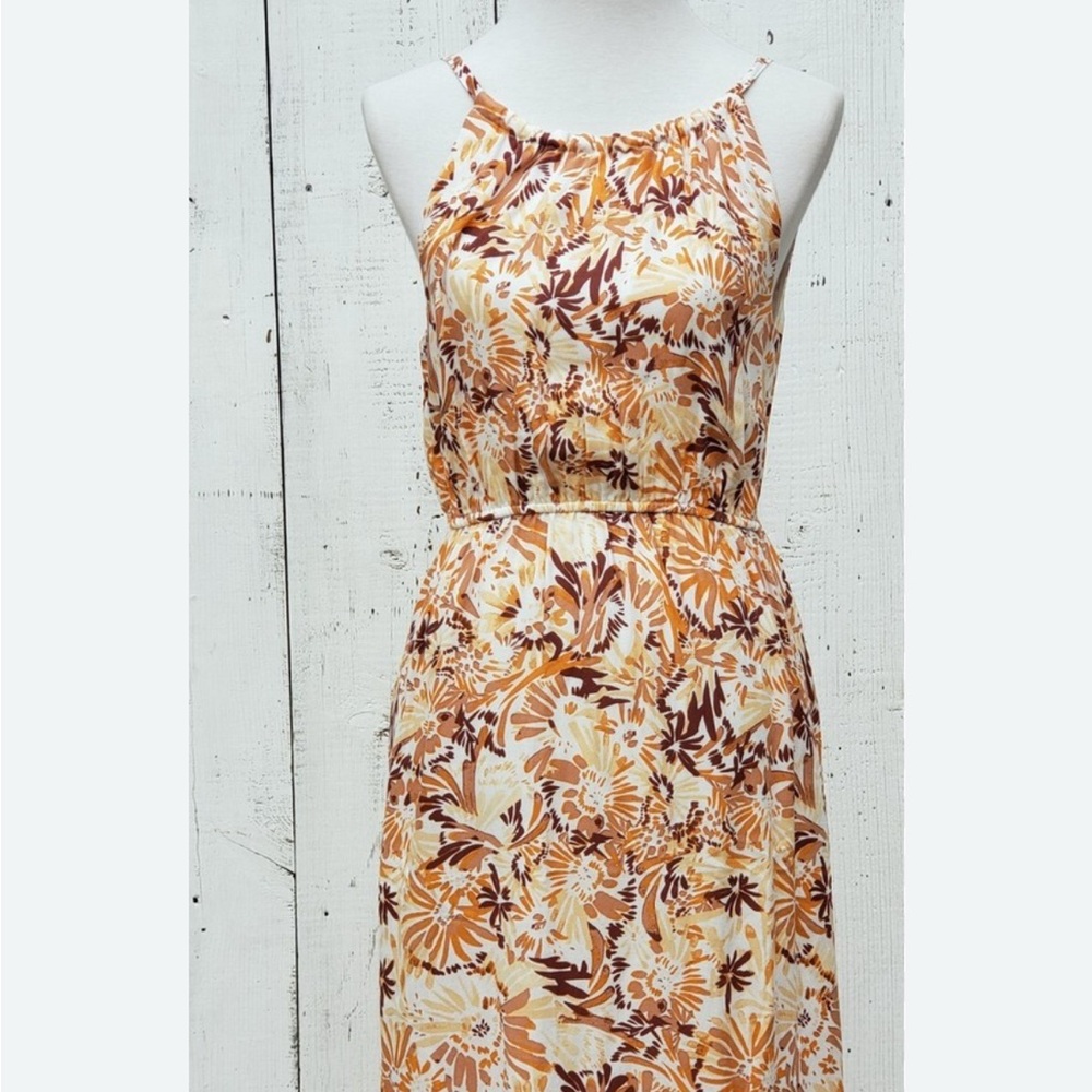 Joie Neutral Brushstroke Brown and Cream Floral Halter Keyhole Midi Dress
